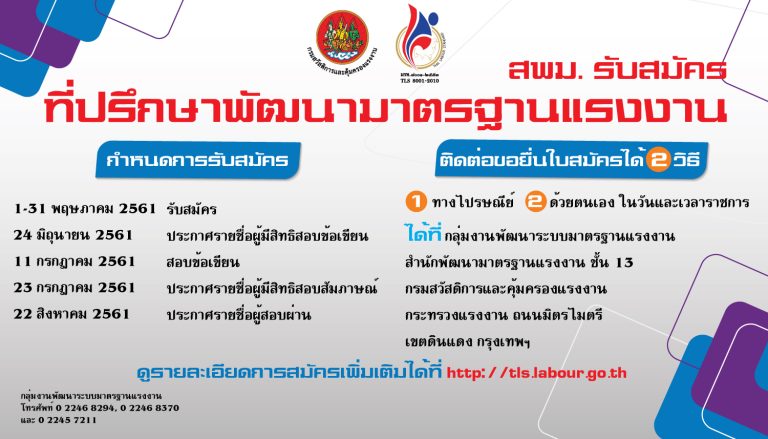 สพม. รับสมัครสอบคัดเลือกบุคคลเพื่อเป็นที่ปรึกษามาตรฐานแรงงาน 2561